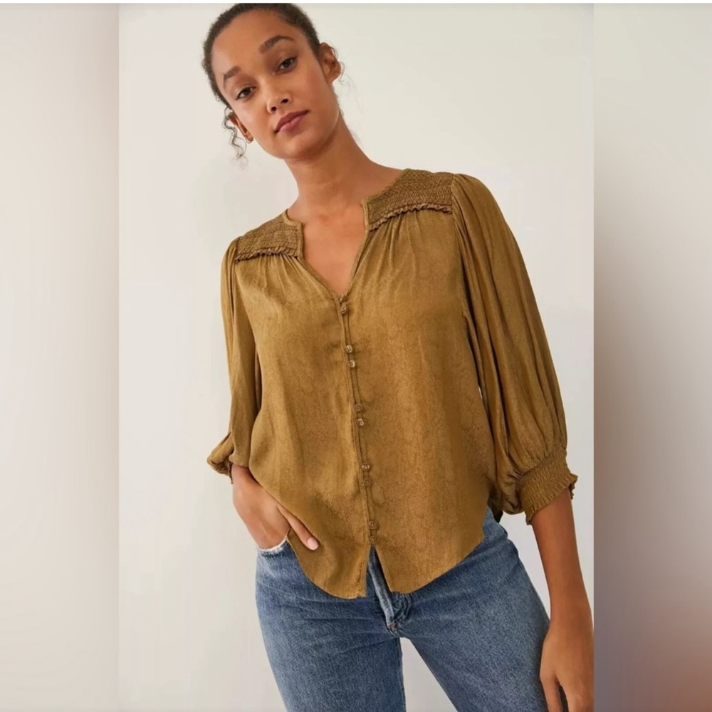 Anthropologie Cacee Jacquard Peas Button Down Balloon Blouse Womens S Oversized‎